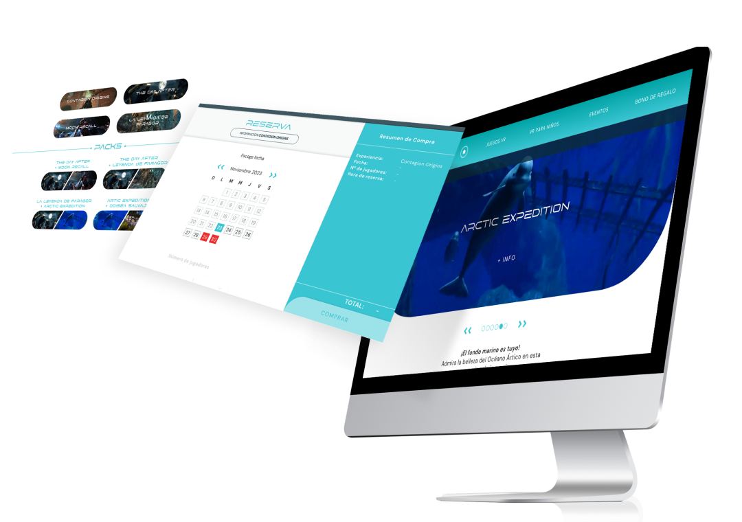 Pantalla de computadora con diseño de sitio web de expediciones al Ártico, mostrando opciones de reserva, resumen de compra y contenido visual de exploraciones árticas.