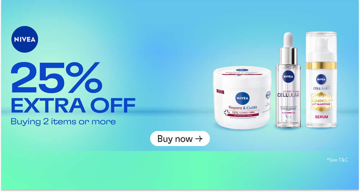 Publicidad de productos de cuidado de la piel de Nivea con un descuento adicional del 25% al comprar dos o más artículos, mostrando una crema en un recipiente, un suero en gotero y otro en aerosol, con un botón que dice 'Compra ahora' en el centro.