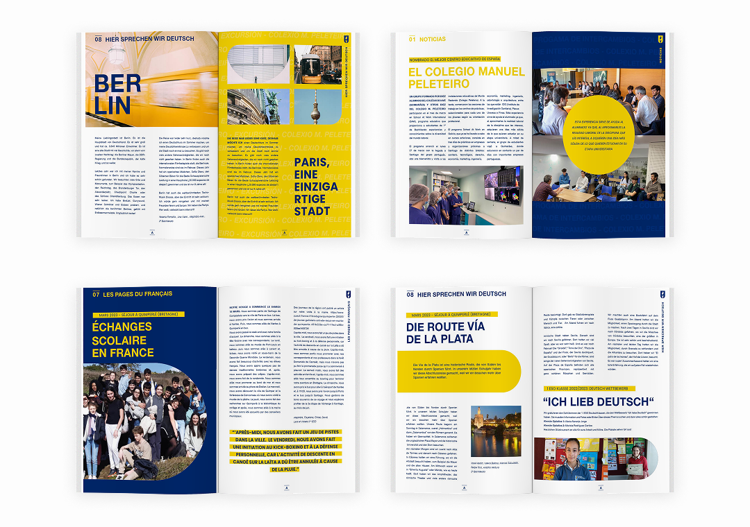 Un folleto de un boletín informativo con diferentes páginas que contienen textos y fotos relacionados con excursiones y actividades en Francia y Alemania, incluyendo una visita a la ciudad de Berlín.