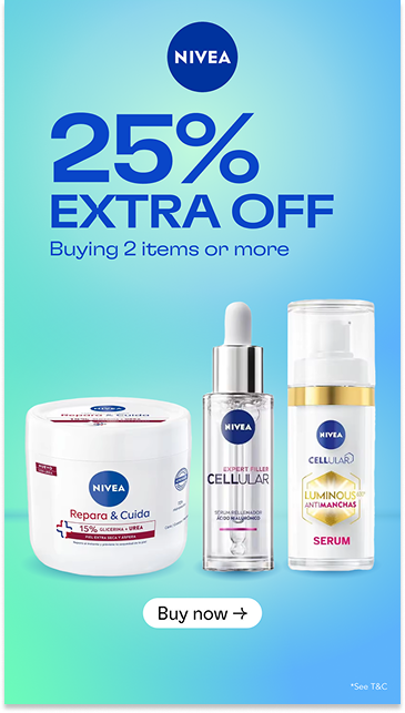 Publicidad de Nivea con 25% de descuento en la compra de 2 o más productos, mostrando cremas y sérum.