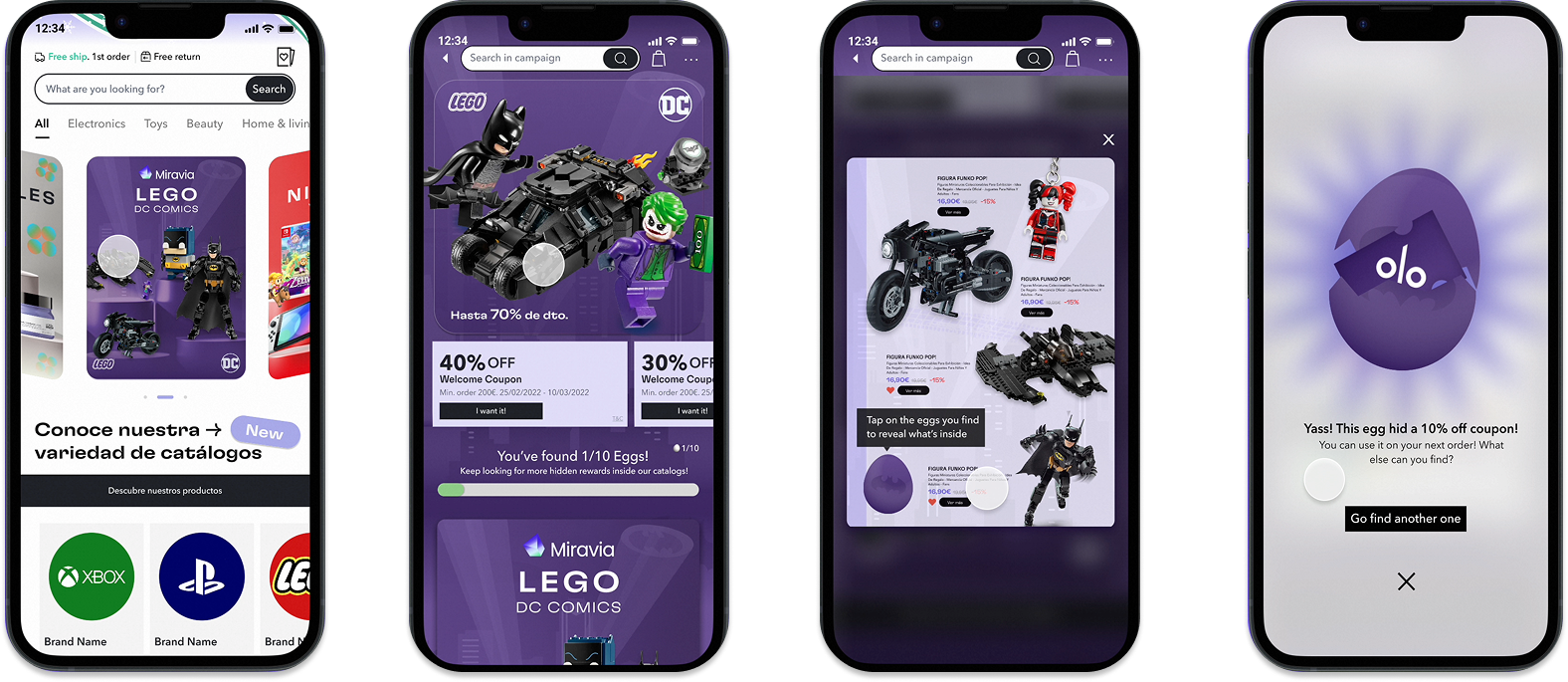 Cuatro pantallas de teléfonos móviles mostrando diferentes páginas de una aplicación de compras y promoción con productos, descuentos, y un huevo de pascua con texto en español.