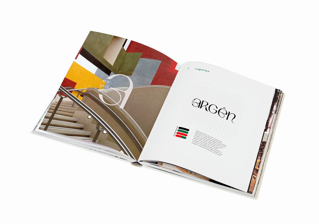 Libro abierto con diseño gráfico y texto en español, mostrando una página con el logotipo de 'ARGÓN' y otra con una imagen de una escalera y paredes pintadas con colores vibrantes.