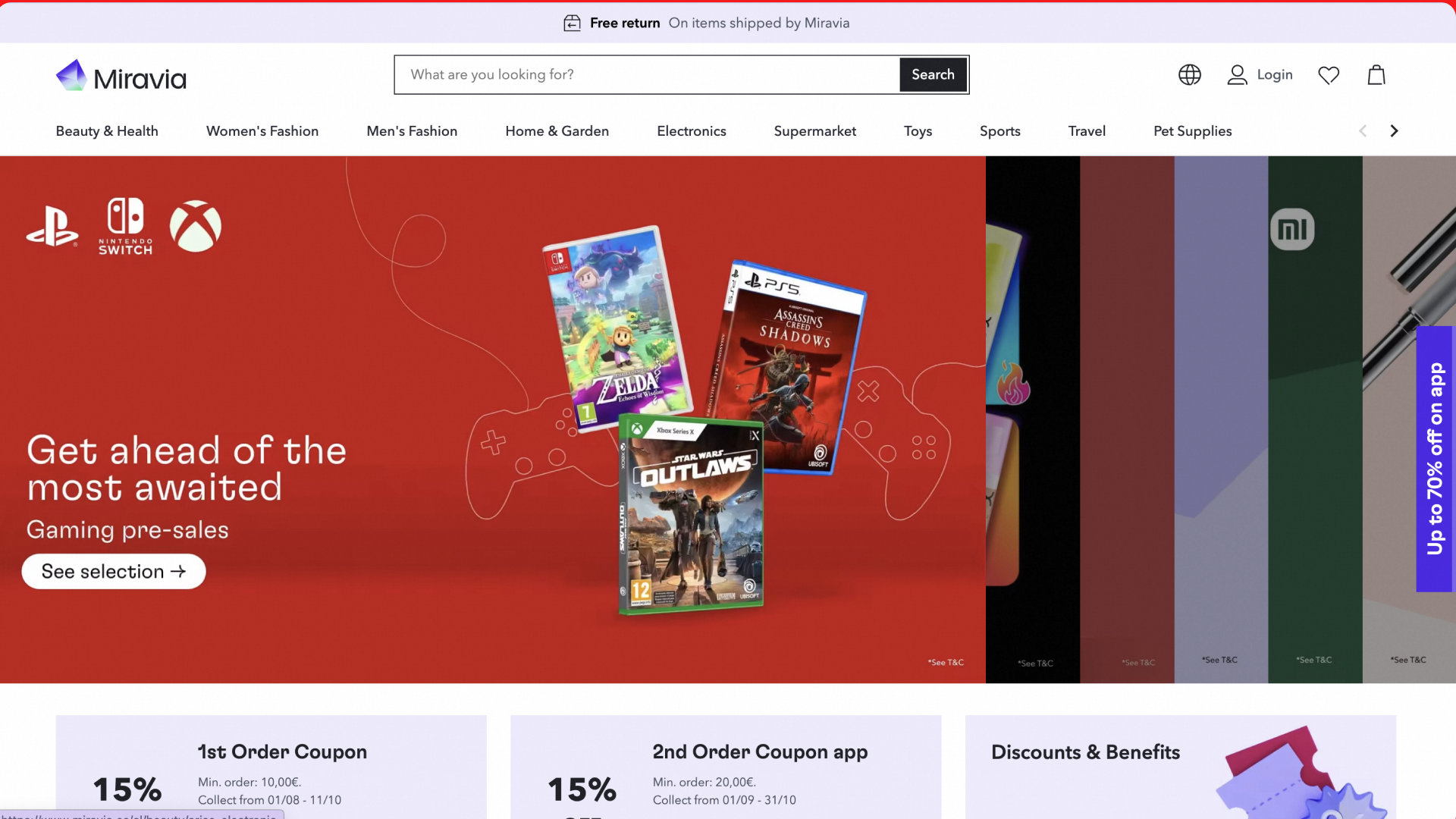 Página web de Miravia con promociones de juegos y electrónicos, mostrando títulos de videojuegos como 'Zelda', 'Assassin's Creed Shadows' y 'Star Wars Outlaws' en un fondo rojo.