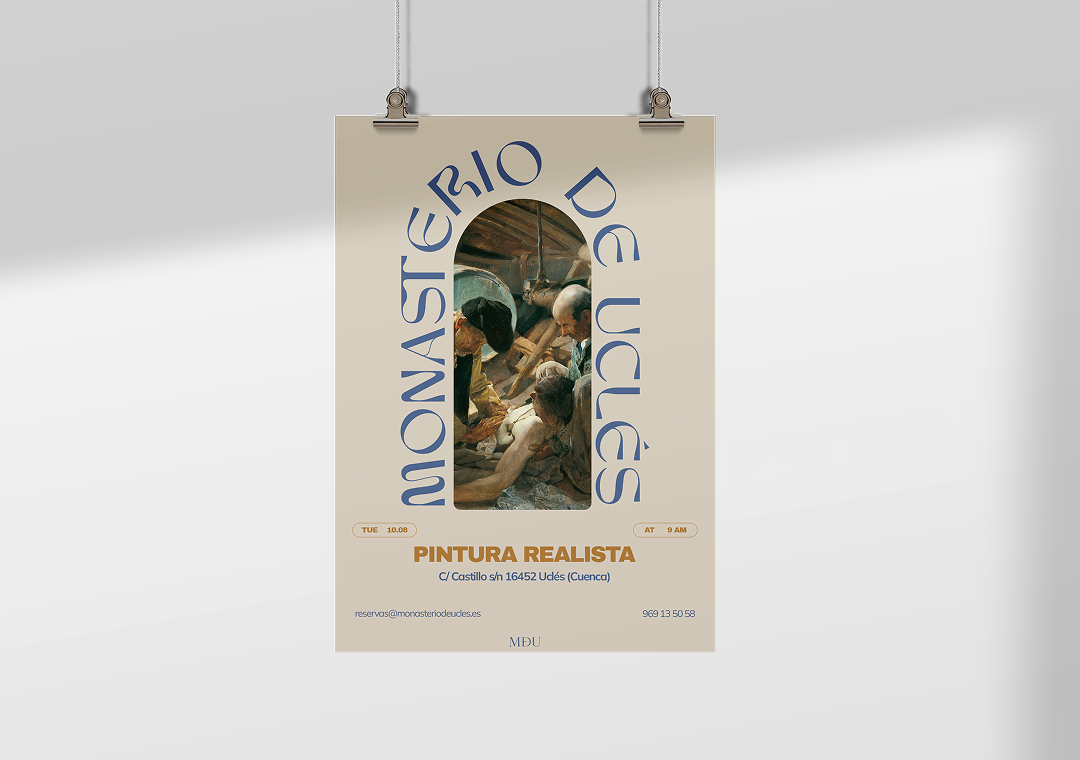 Cartel de una exposición de pintura realista con una imagen de artistas trabajando en un cuadro. Texto en español con detalles de fecha, hora y contacto.