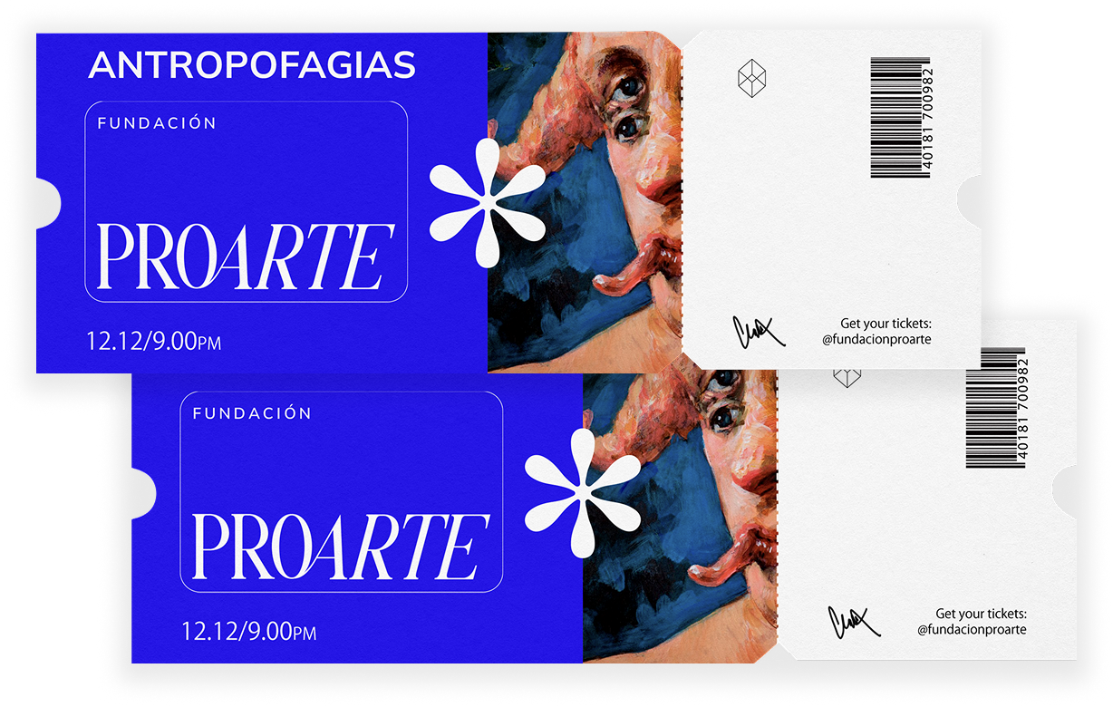 Dos boletos para un evento de antropofagias en la fundación Proarte, con detalles del evento y una ilustración artística de una cara en el fondo.