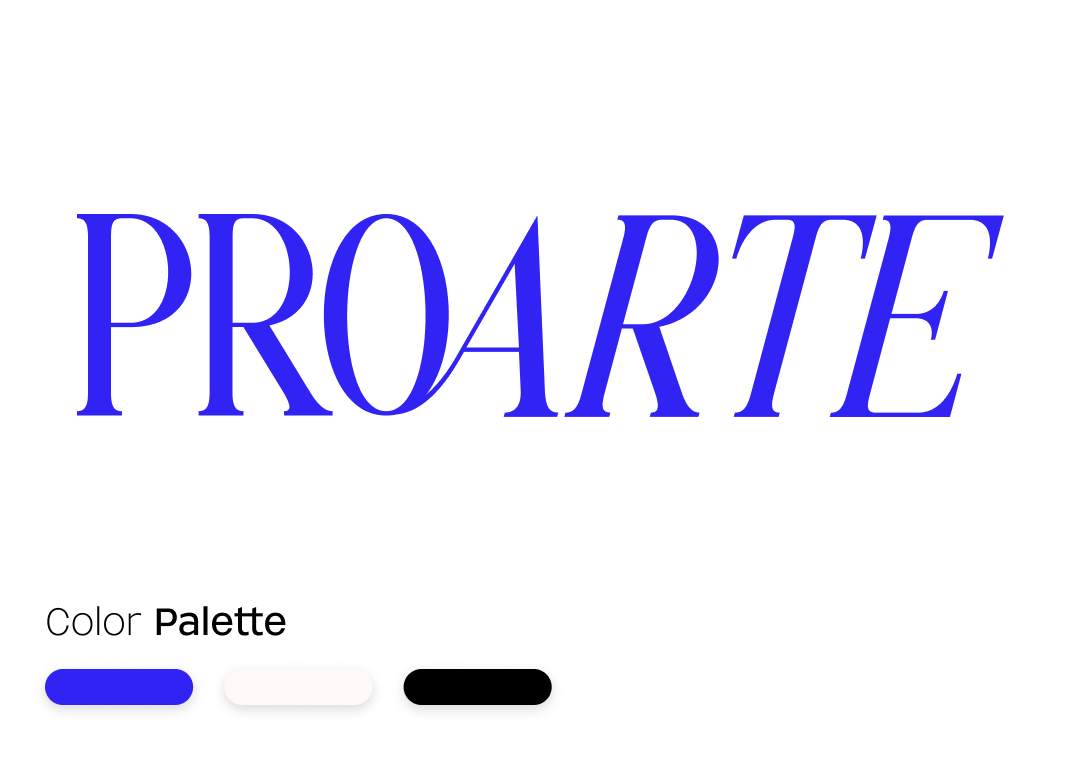 Texto grande que dice 'PROARTE' en letras azules, con paleta de colores negro, blanco y azul en la parte inferior.