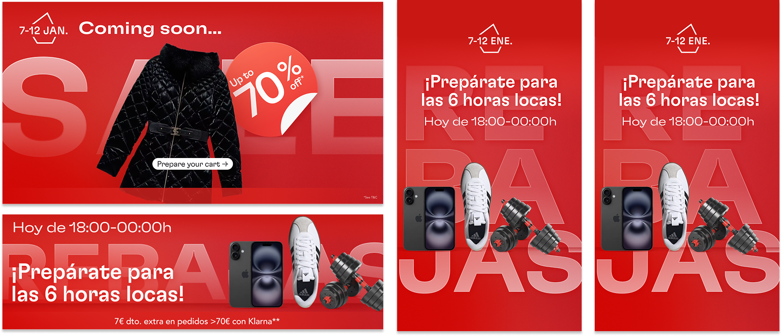 Publicidad en tonos rojos con ofertas en ropa, calzado y electrónica, anunciando descuentos de hasta 70%, con fechas del 7 al 12 de enero, promoviendo preparación para horarios de 6 horas locas, y mostrando imágenes de una chaqueta negra, un teléfono