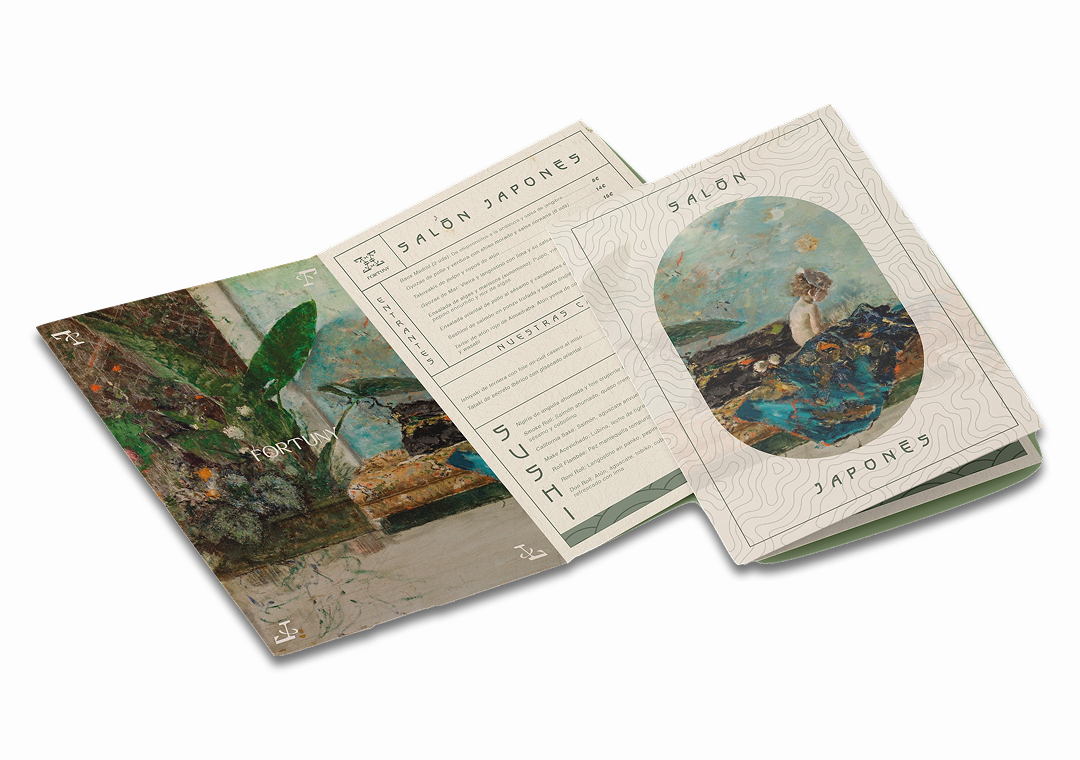 Conjunto de tarjetas con ilustraciones de pintura, una de las cuales muestra una mujer sentada sobre rocas en un paisaje costero con mares y montañas. La otra tarjeta tiene una pintura abstracta con vegetación y agua.
