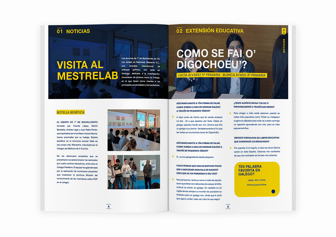 Portada de revista con noticias sobre visita al MESTRELAB y una sección educativa sobre cómo se hizo o digoquéu, con imágenes de estudiantes en un aula y una entrevista en video.