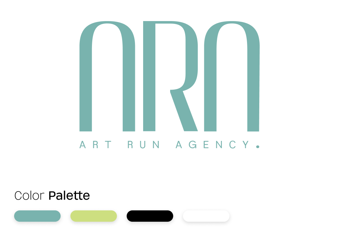 Logo de la agencia de arte 'ART RUN AGENCY' con un esquema de colores pastel y un conjunto de colores en la parte inferior.