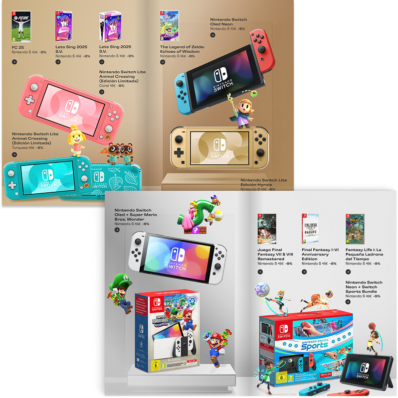 Dos páginas de un folleto promocional de consolas y videojuegos Nintendo Switch. La primera página muestra varios modelos de Nintendo Switch Lite en diferentes colores y algunos juegos. La segunda página presenta varias versiones de Nintendo Switch, incluyendo la edición especial de Super Mario Bros. Wonder, y accesorios. Hay personajes de Mario y otros personajes de videojuegos interactuando con los productos.