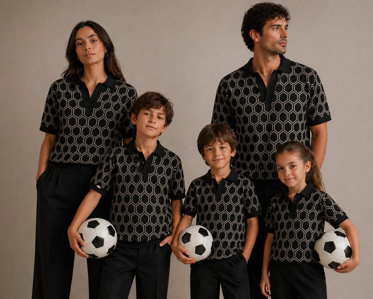 Una familia usando camisetas con patrón de hexágonos negro y beige, con tres niños y dos adultos, sosteniendo balones de fútbol, posando contra un fondo gris.
