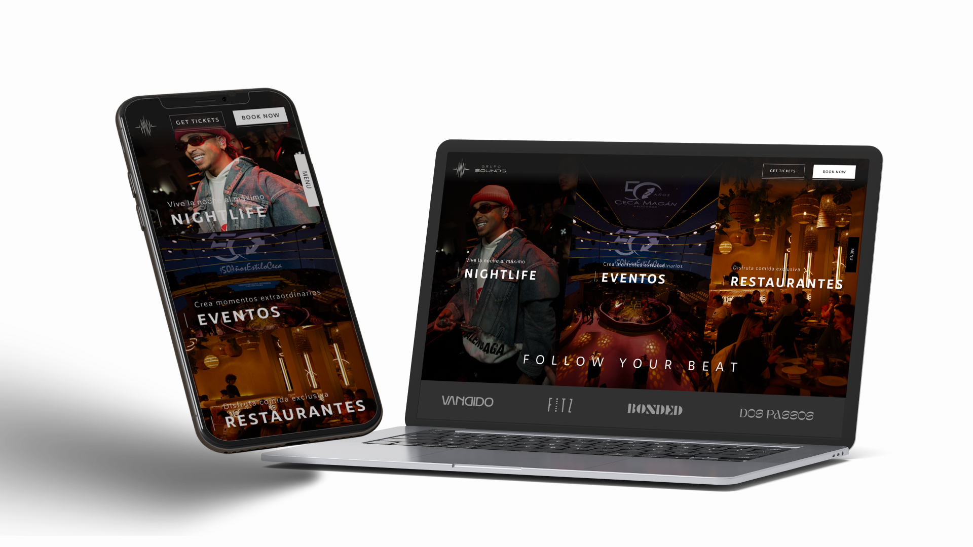 Pantallas de teléfono y computadora portátiles mostrando sitios web de eventos y restaurantes con imágenes de un hombre con sombrero rojo y gafas en un lugar con luces y gente disfrutando la noche.