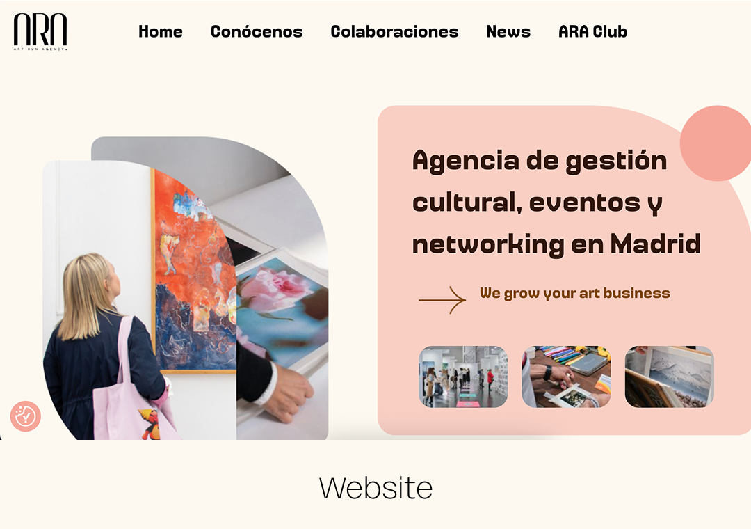 Página web de una agencia de gestión cultural que ofrece eventos y networking en Madrid, con imágenes de visitantes en una galería de arte y actividades relacionadas.