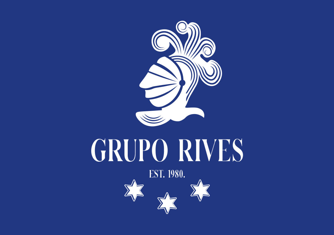 Logotipo de Grupo Rives con un diseño de una figura humana estilizada y elementos náuticos, en fondo azul.