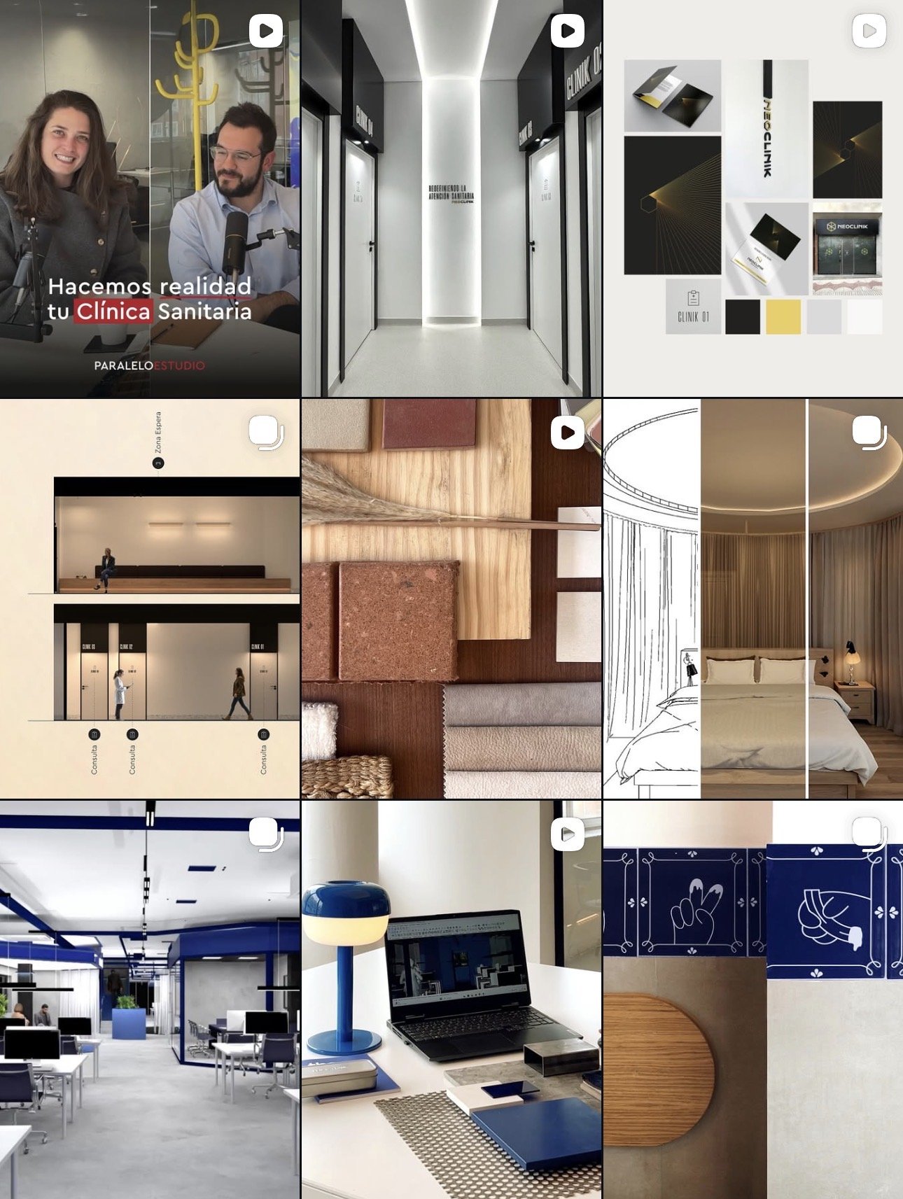 Collage de diferentes espacios de oficina, diseño interior y señalización de clínicas.