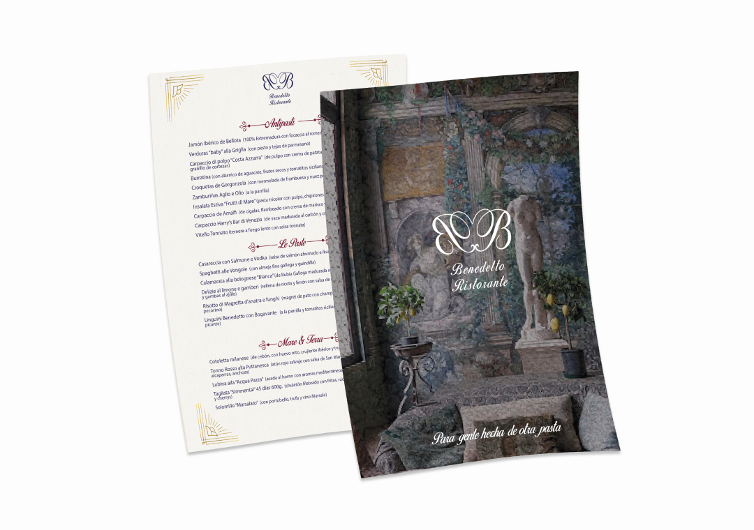 Menú de un restaurante llamado Benedetto Ristorante con fondo de una pared de piedra y una estatua en un patio.