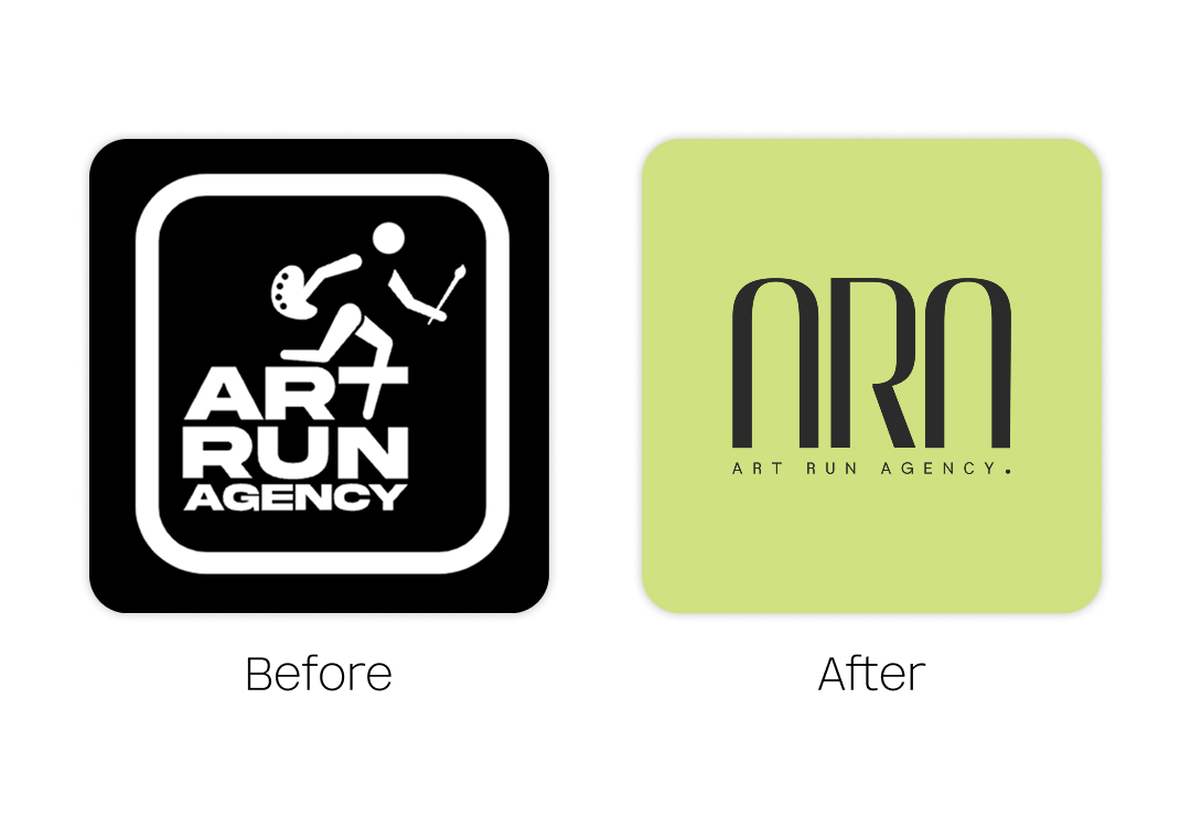 Logotipo de la empresa ART RUN AGENCY, mostrando un icono de una persona corriendo con un pincel y una laptop, antes en blanco y negro y después en un diseño minimalista y moderno con fondo verde claro y texto estilizado.