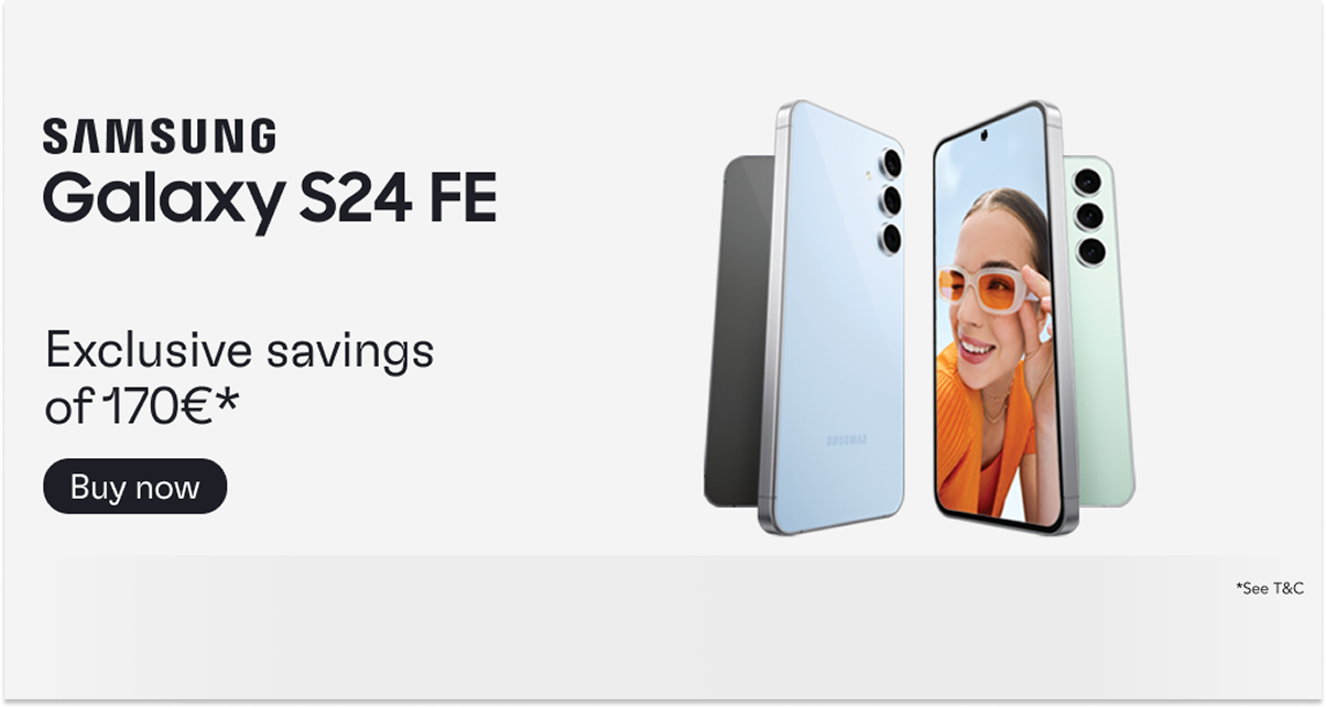 Imagen de un anuncio de Samsung Galaxy S24 FE mostrando varios teléfonos y una mujer sonriendo con gafas de sol naranjas.