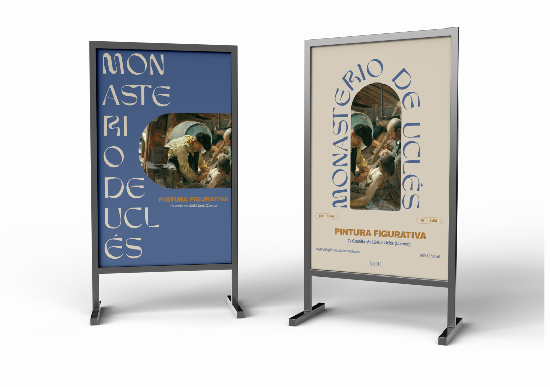 Carteles de exhibición de cartel sobre pintura figurativa con una imagen de artistas pintando y texto en español que dice 'Monasterio de Uclés, Pintura Figurativa' y detalles del evento.
