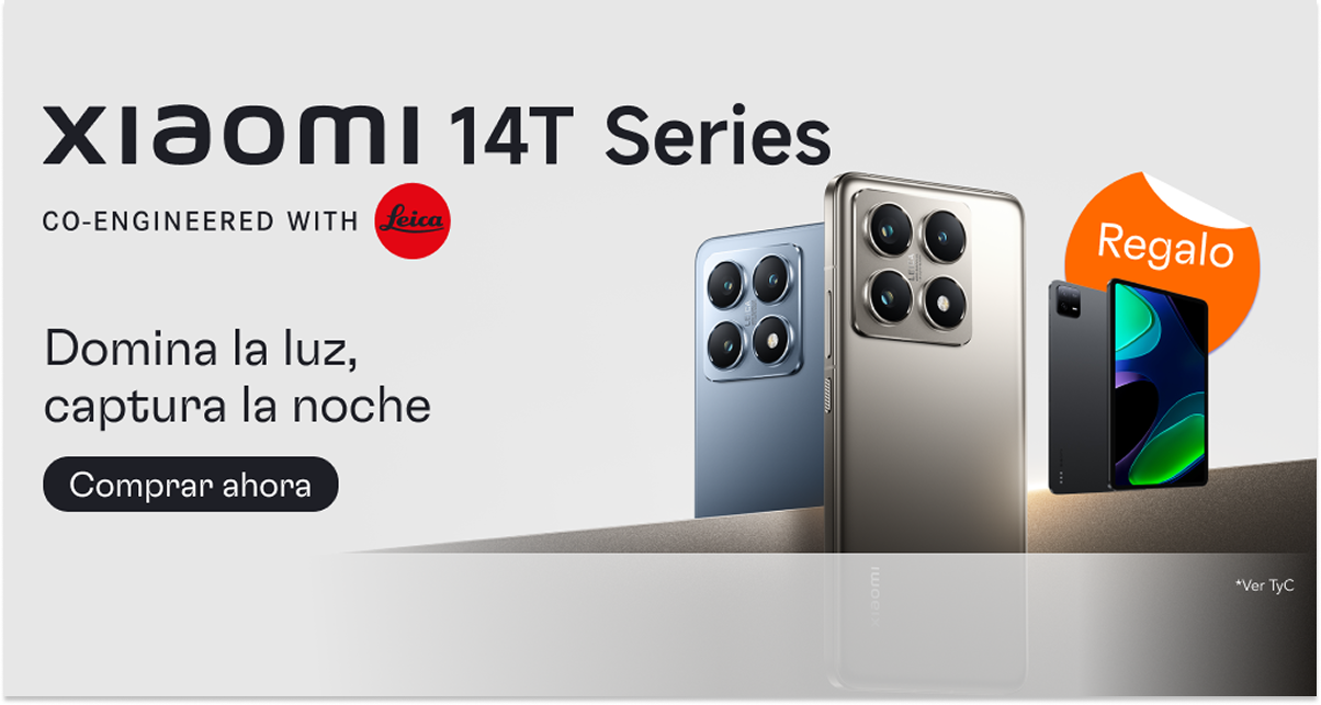 Publicidad de la serie Xiaomi 14T con teléfonos y una oferta de regalo