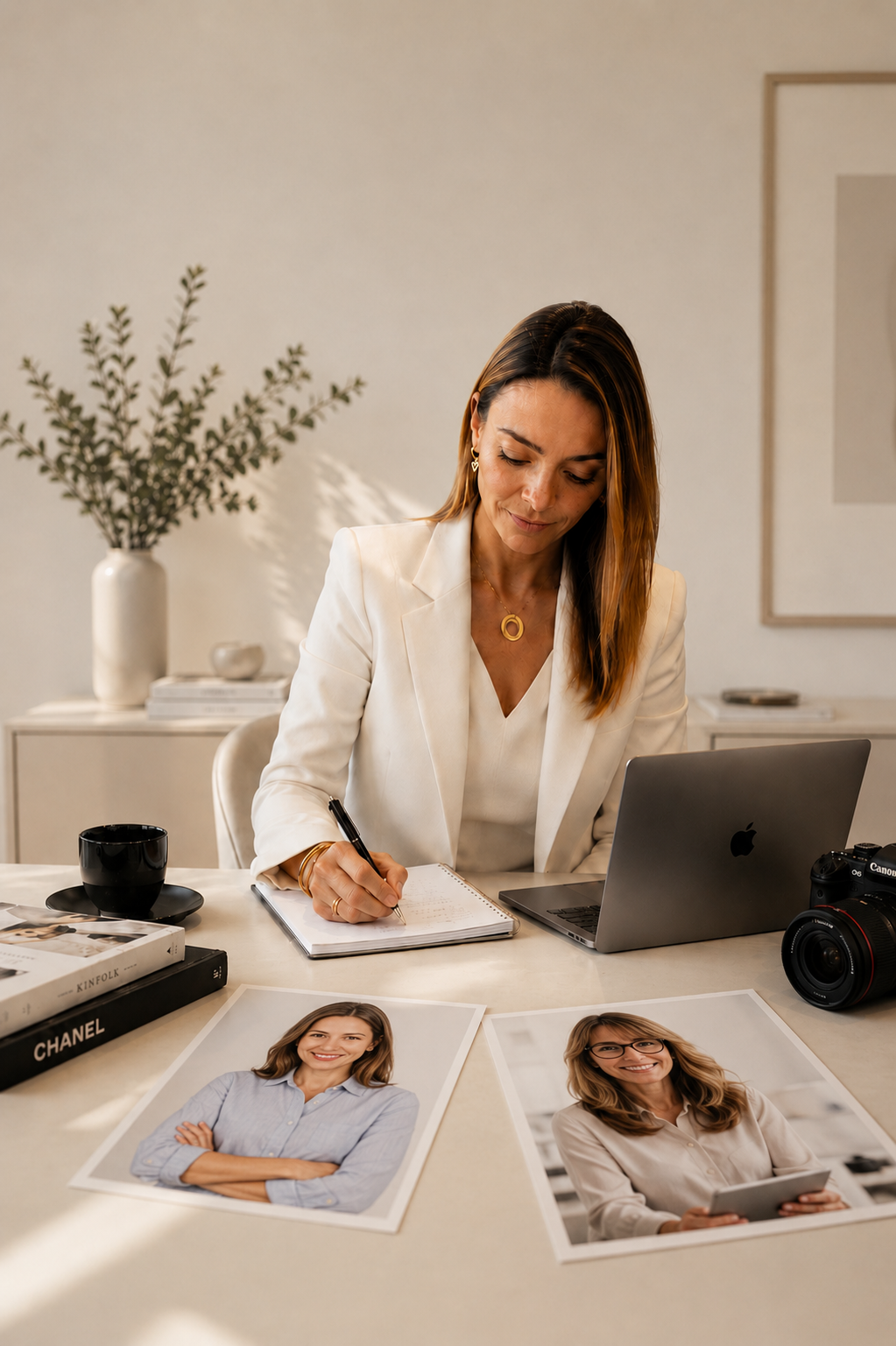 Mulher sentada na mesa de escritório, escrevendo em um caderno, com fotos de duas mulheres na mesa, uma segurando um tablet. Ao lado, uma câmera profissional e livros.