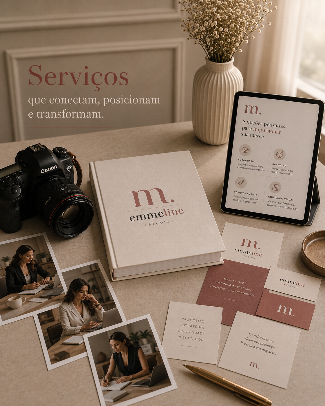 Mesa de trabalho com câmera Canon, livro, fotos de mulheres profissionais, tablet exibindo serviços de branding, posicionamento e conteúdo visual, além de cartões de visita, caneta e vaso de flores, representando serviços de comunicação e marketing.