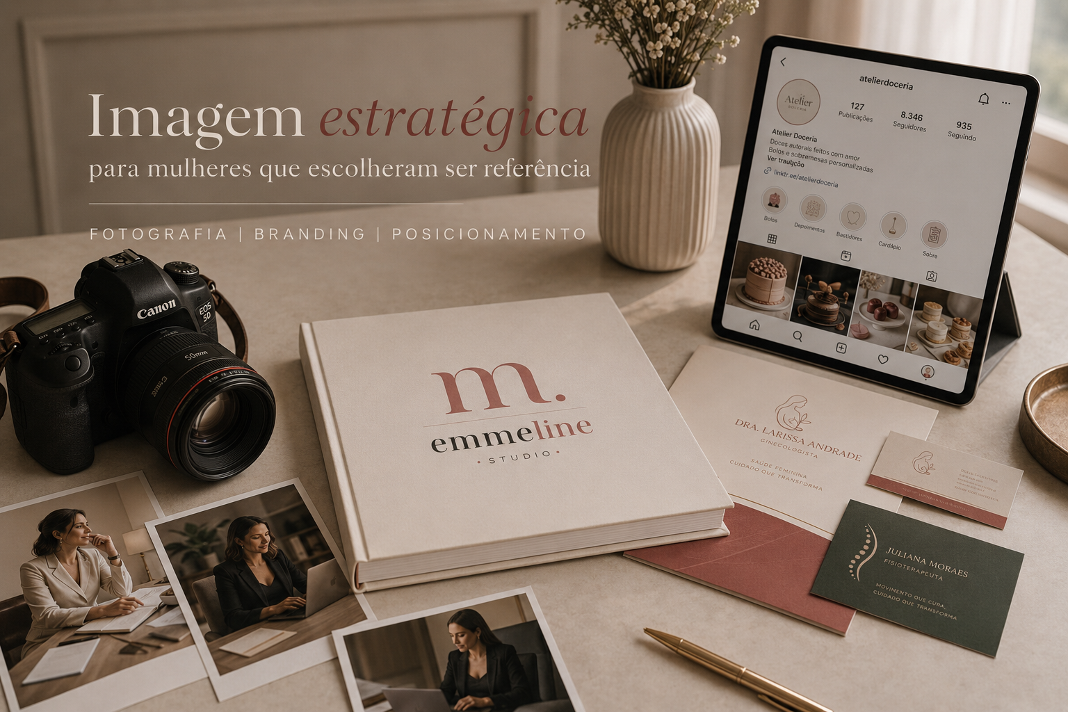 Mesa com câmera Canon, livro de marca "emmline studio", fotos de mulheres em reuniões, tablet exibindo perfil de rede social de confeitaria, vasos com flores, cartões de visita, caneta e objetos relacionados a fotografia, branding e posicionamento para mulheres que querem ser referência.