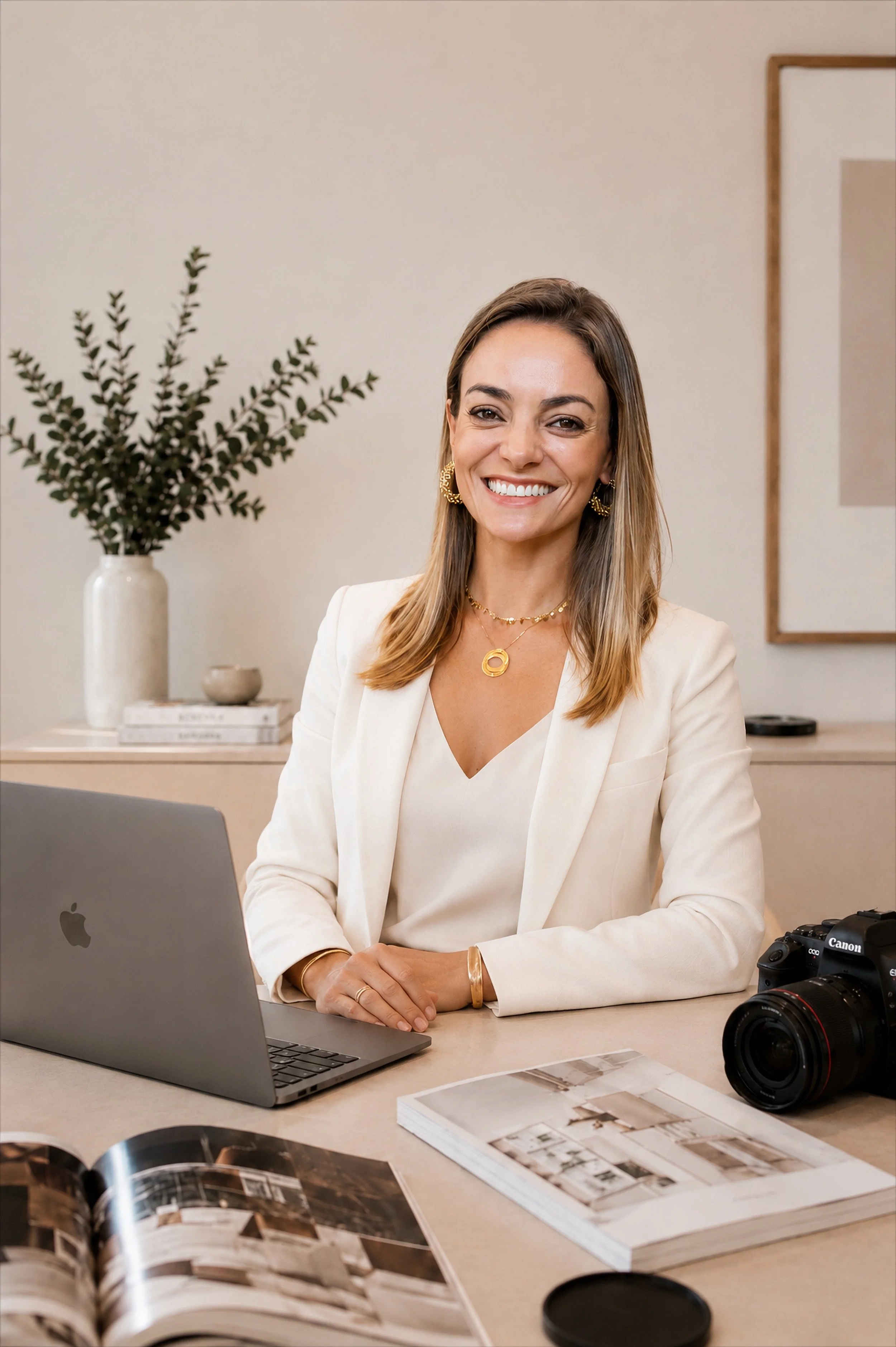 Mulher sorridente sentada em uma mesa de escritório, com um laptop Apple, câmera profissional, livros de design de interiores e revista abertos na mesa, fundo com parede clara, planta e quadro decorativo.