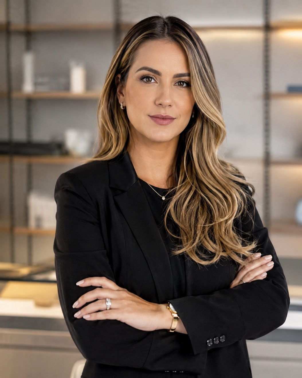Mulher de cabelo loiro com ondulações, vestindo roupa social preta, com braços cruzados, em ambiente de escritório moderno.