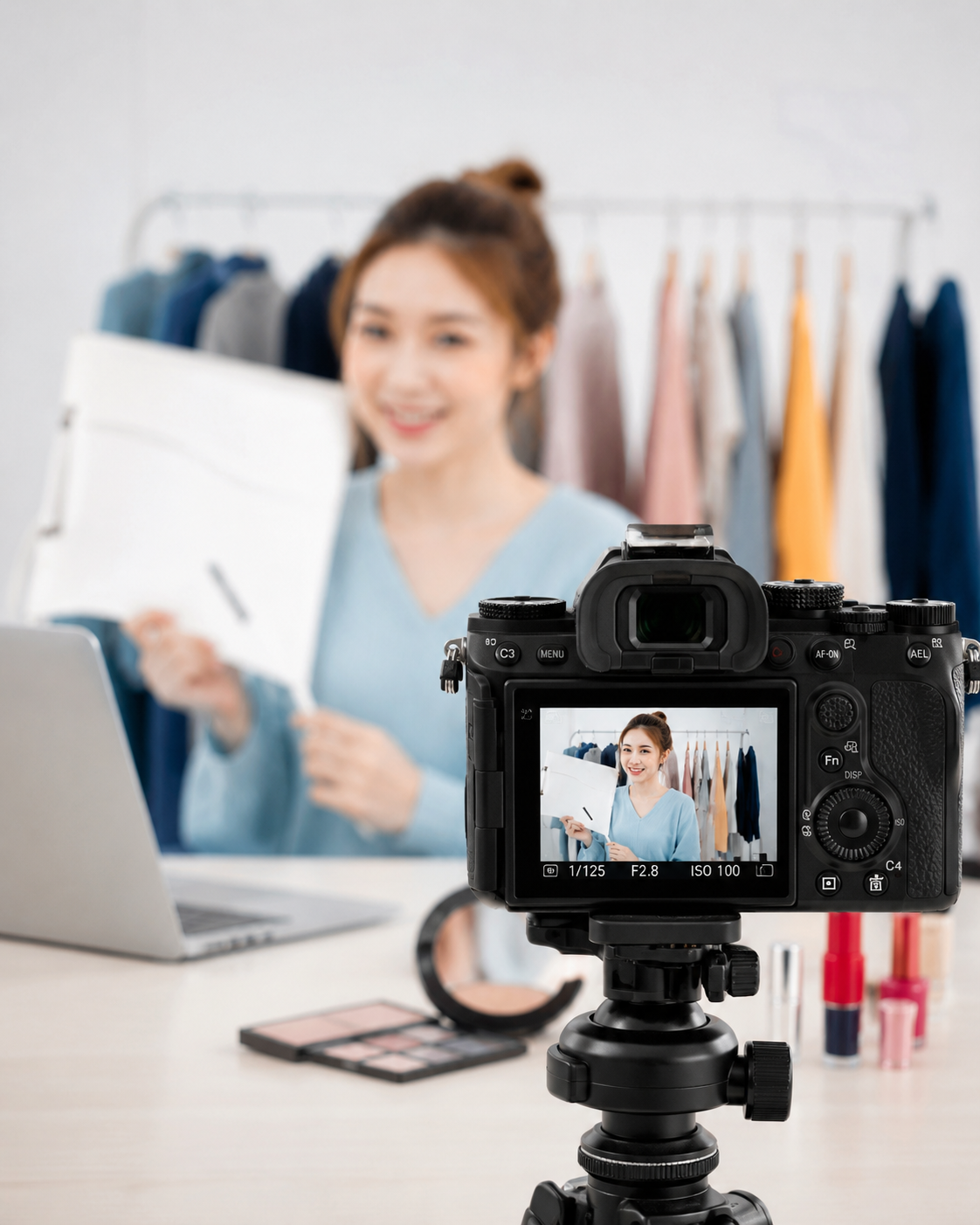 Mulher sorridente fazendo vídeo ou sessão de fotos em loja de roupas, vista pela câmera profissional em foco, com roupas ao fundo.