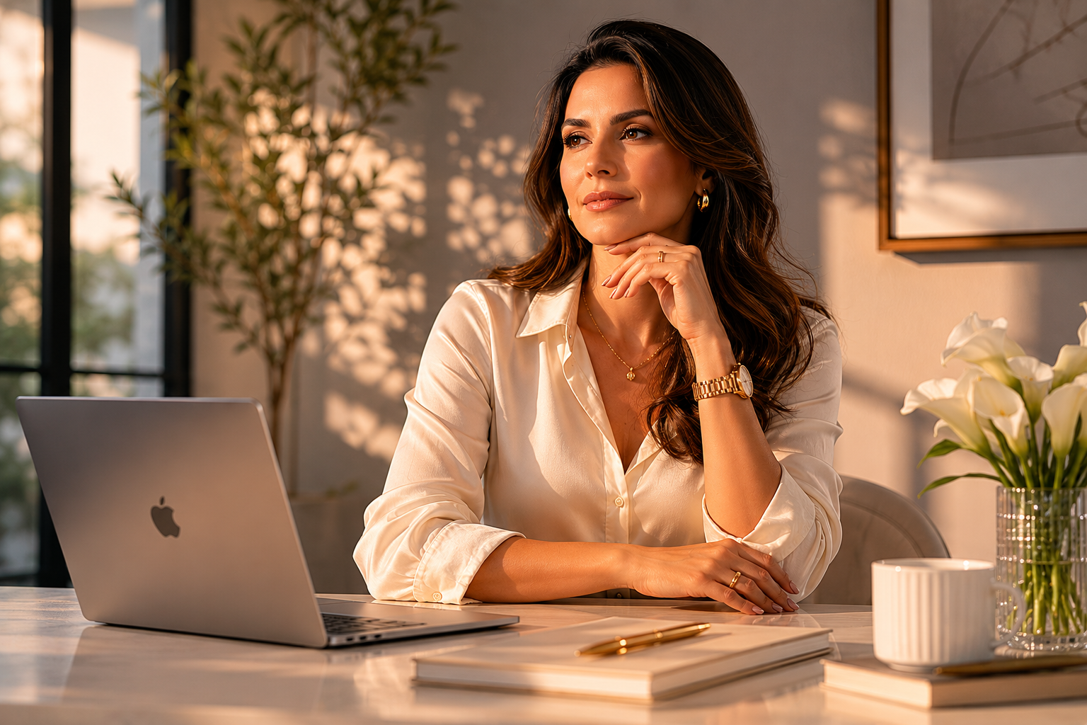 Mulher sentada à mesa com laptop aberto, usando camisa de seda e acessório dourado, em ambiente bem iluminado por luz natural, com plantas e flores brancas ao fundo.