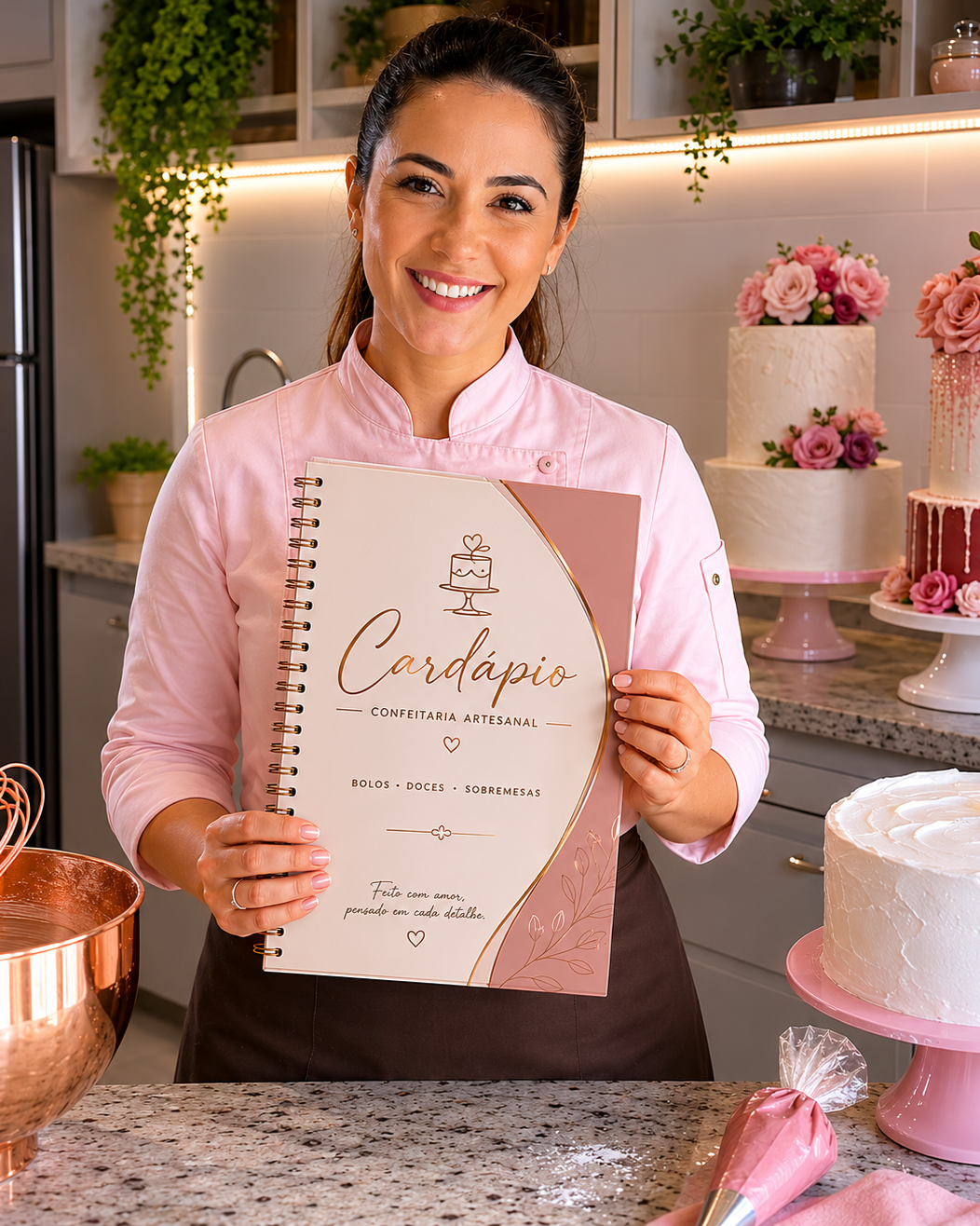 Mulher sorridente em cozinha artesanal com bolo decorado ao fundo, segurando um cardápio de confeitaria artesanal.