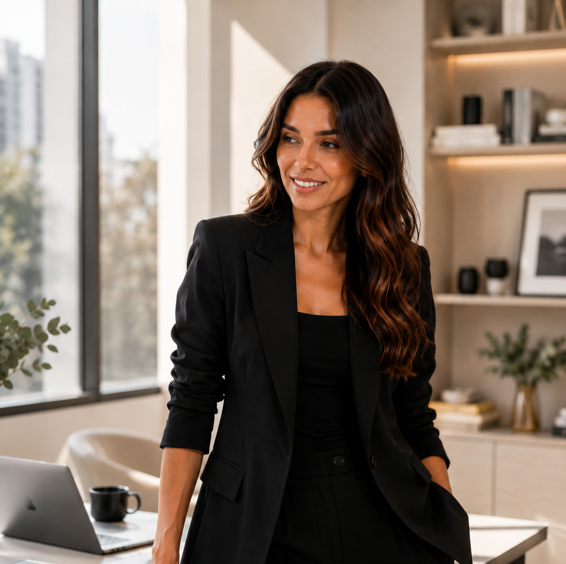Mulher sorridente com cabelo ondulado escuro, vestida com blazer preto, em escritório moderno com estantes, livros, fotos e plantas ao fundo.