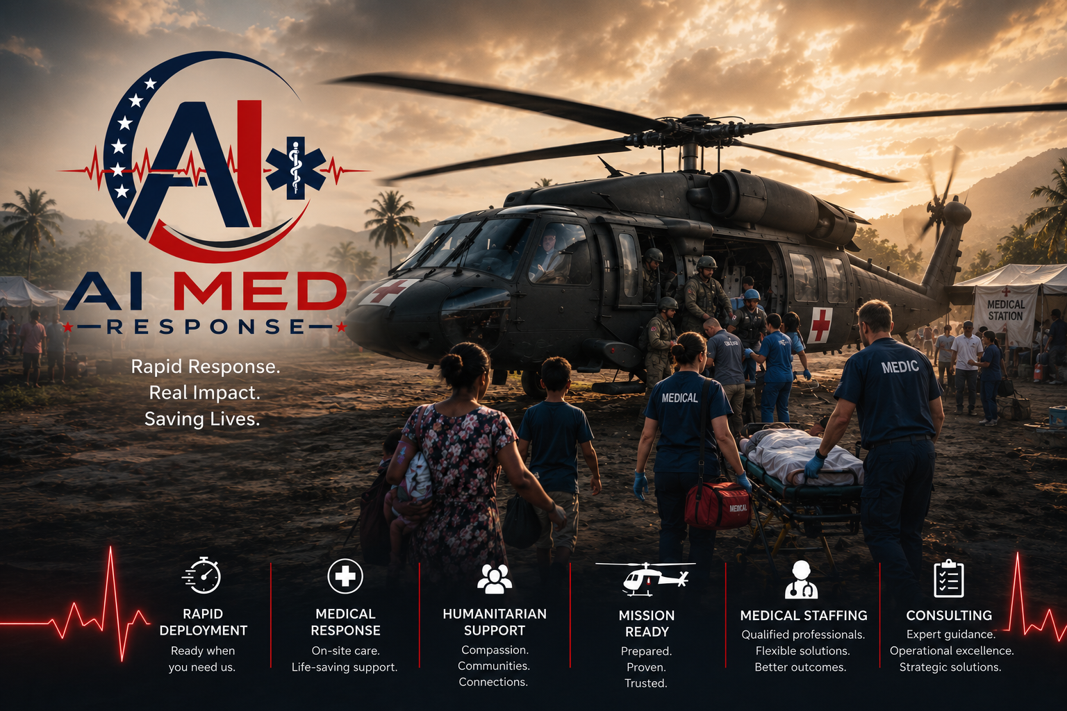 A helicopter landing at a medical aid station during sunset with medical personnel and volunteers assisting patients, featuring medical tents and the AI MED RESPONSE logo with taglines about rapid response, medical, humanitarian, and strategic operations.