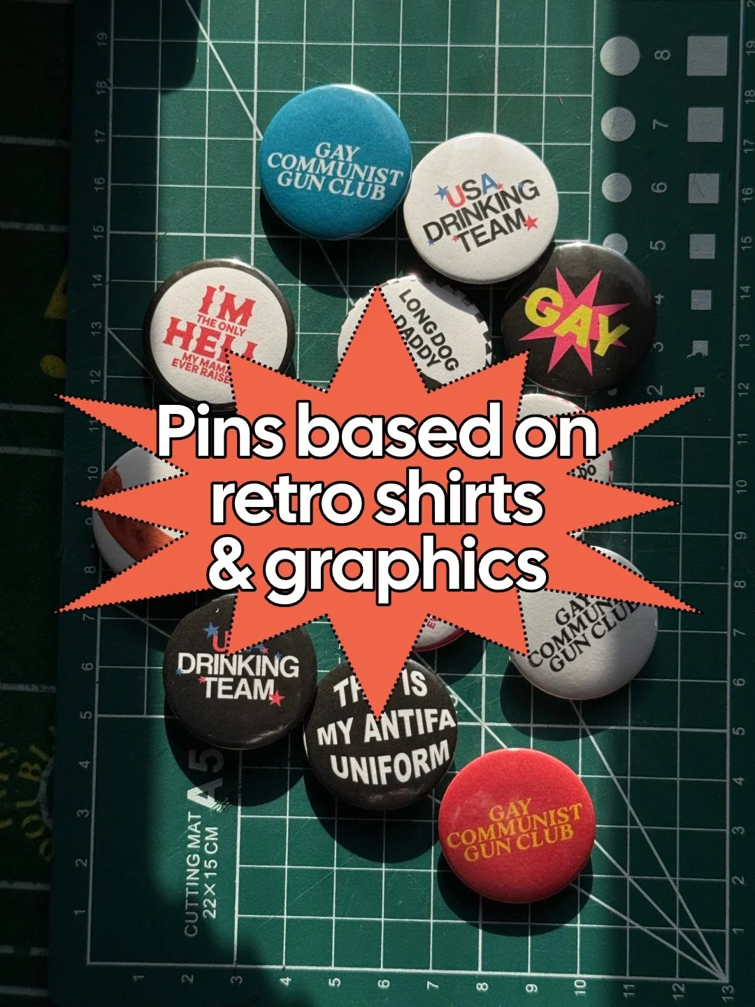 Wow buttons!!! 🌈🌭🍻🔫 NOT for sale!! I&rsquo;m working out how to cut these things centered first :-) thanks for looking!! ⭐️

#graphicdesign #buttons