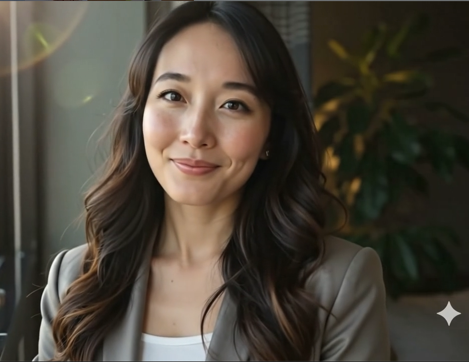 A woman with long, wavy dark hair smiling and looking at the camera inside a modern office or cafe with plants in the background.