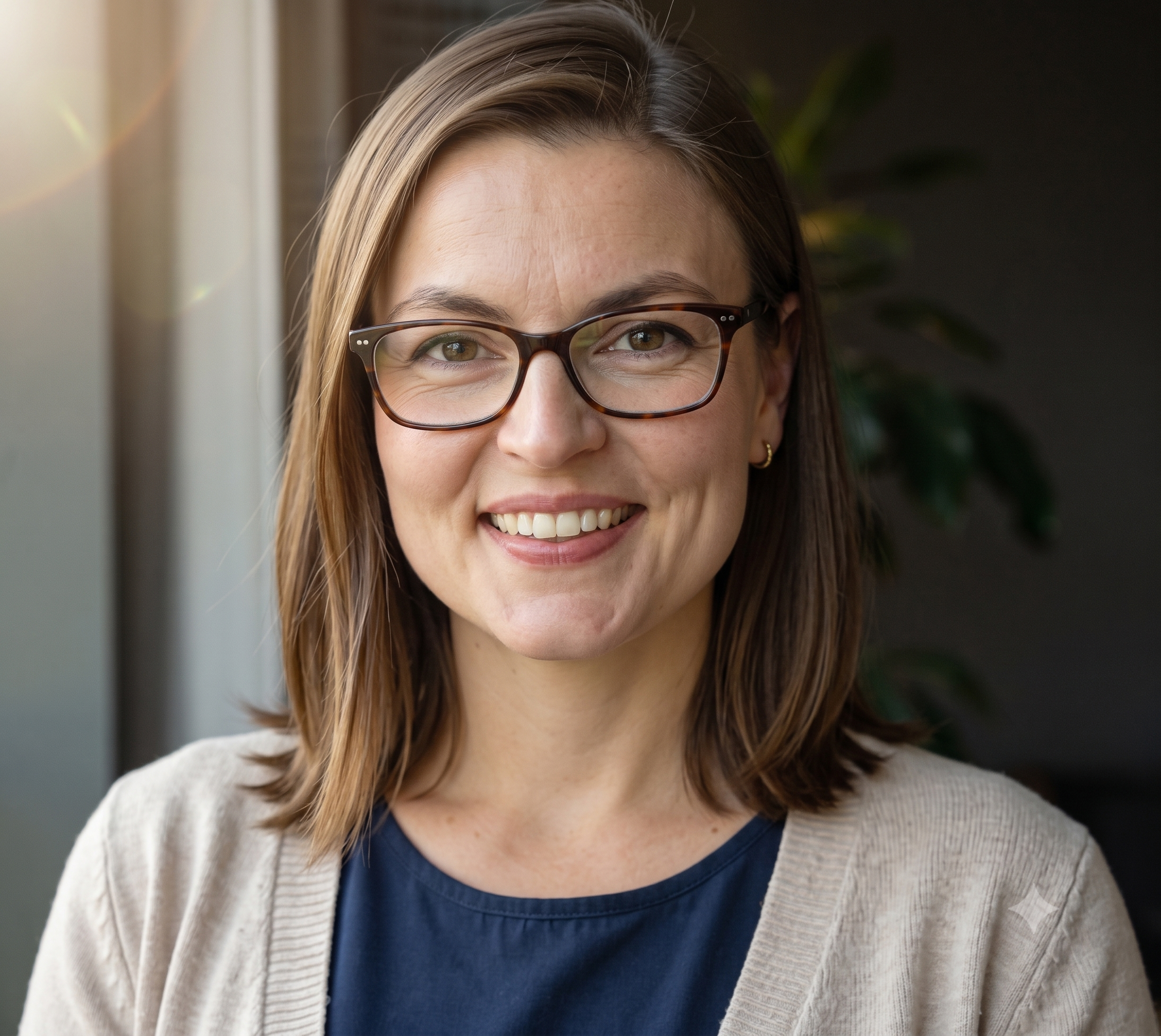 Close-up of a woman with brown hair, wearing glasses, smiling, and dressed in a beige sweater and blue shirt, standing indoors near a window with natural light.