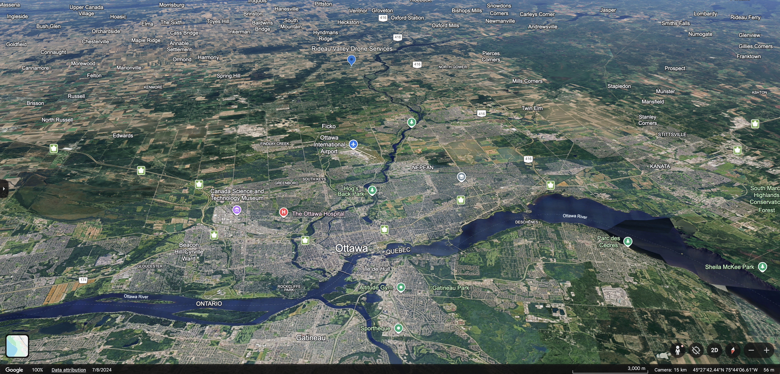 Aerial view map of Ottawa, Canada, showing the Ottawa River, various neighborhoods, parks, and landmarks such as Ottawa International Airport, Gatineau Park, and Parliament Hill.