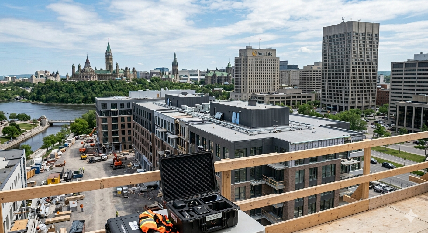 Construction site on a building rooftop with a view of downtown Ottawa, including Parliament Hill, headquarters of Sun Life, and the Rideau River in the background.