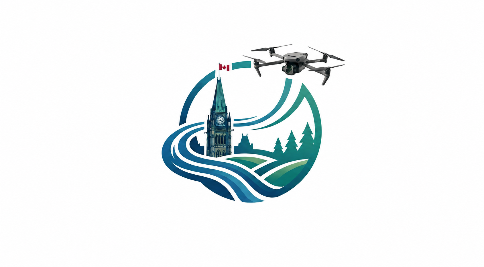 Illustration of a drone flying above landmarks, including a clock tower with a Canadian flag, surrounded by trees and landscape.