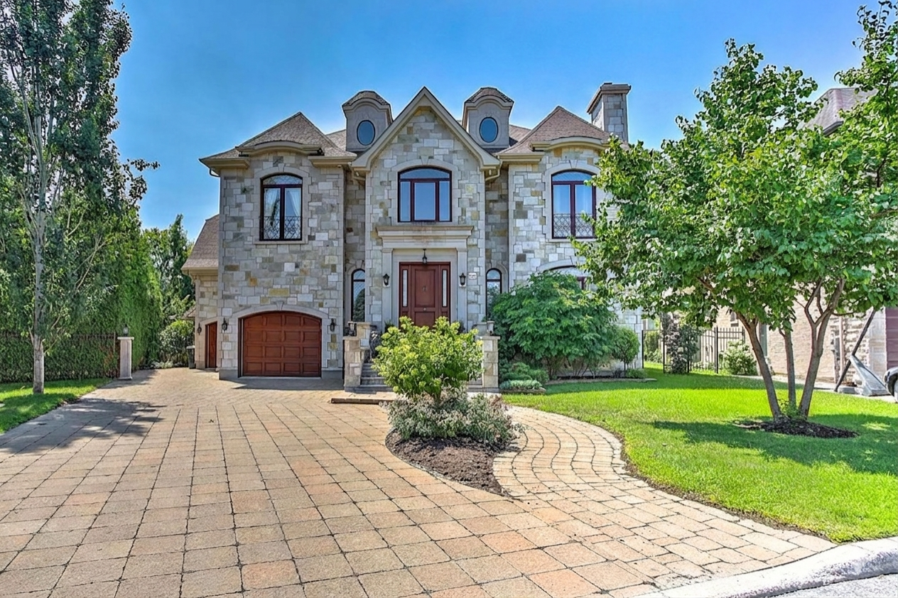 Front view of a large stone house with a wooden garage door, surrounded by greenery and trees, with a paved driveway and lawn in the front.