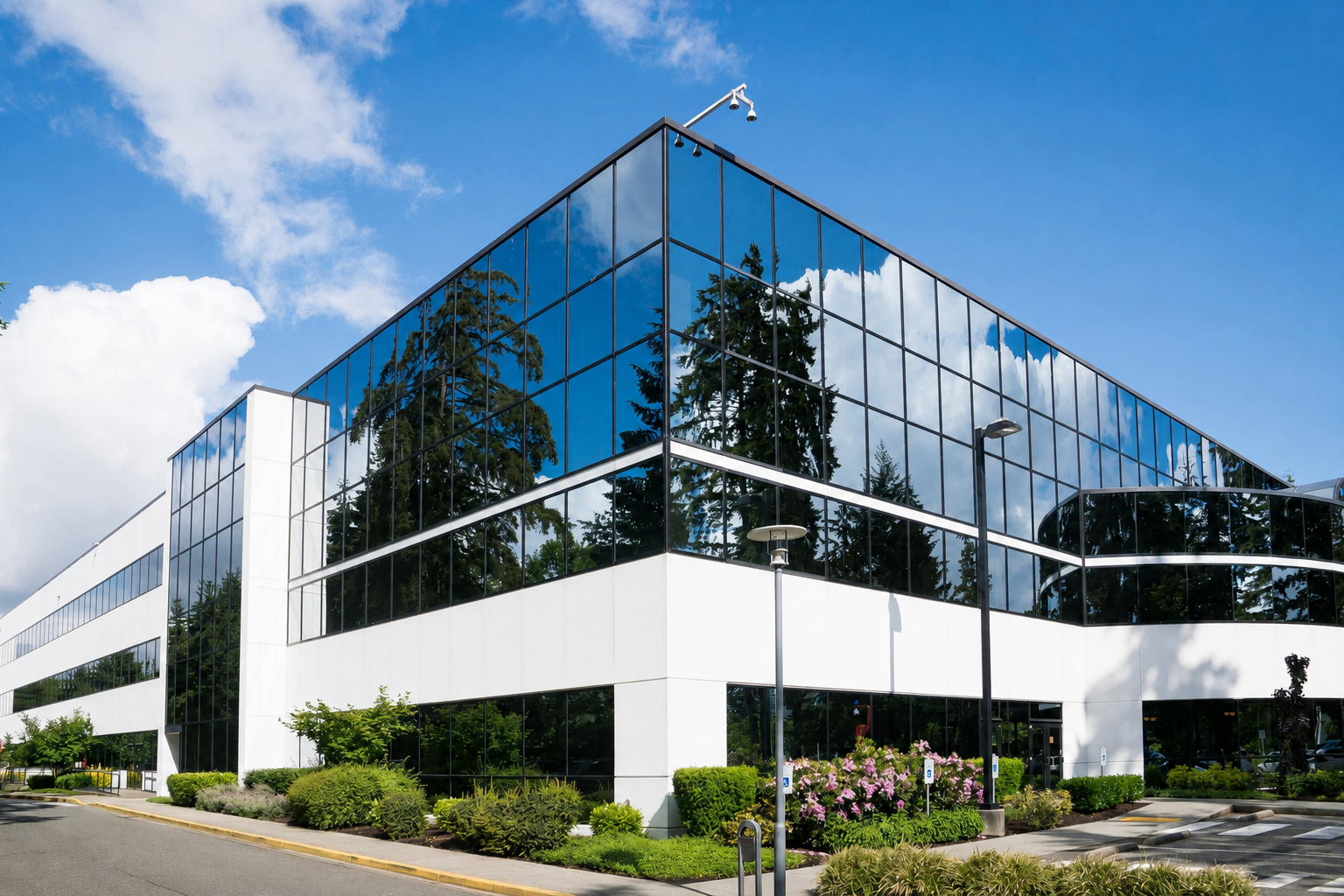 Modern office building with glass windows reflecting trees and blue sky, surrounded by landscaping and parking lot.