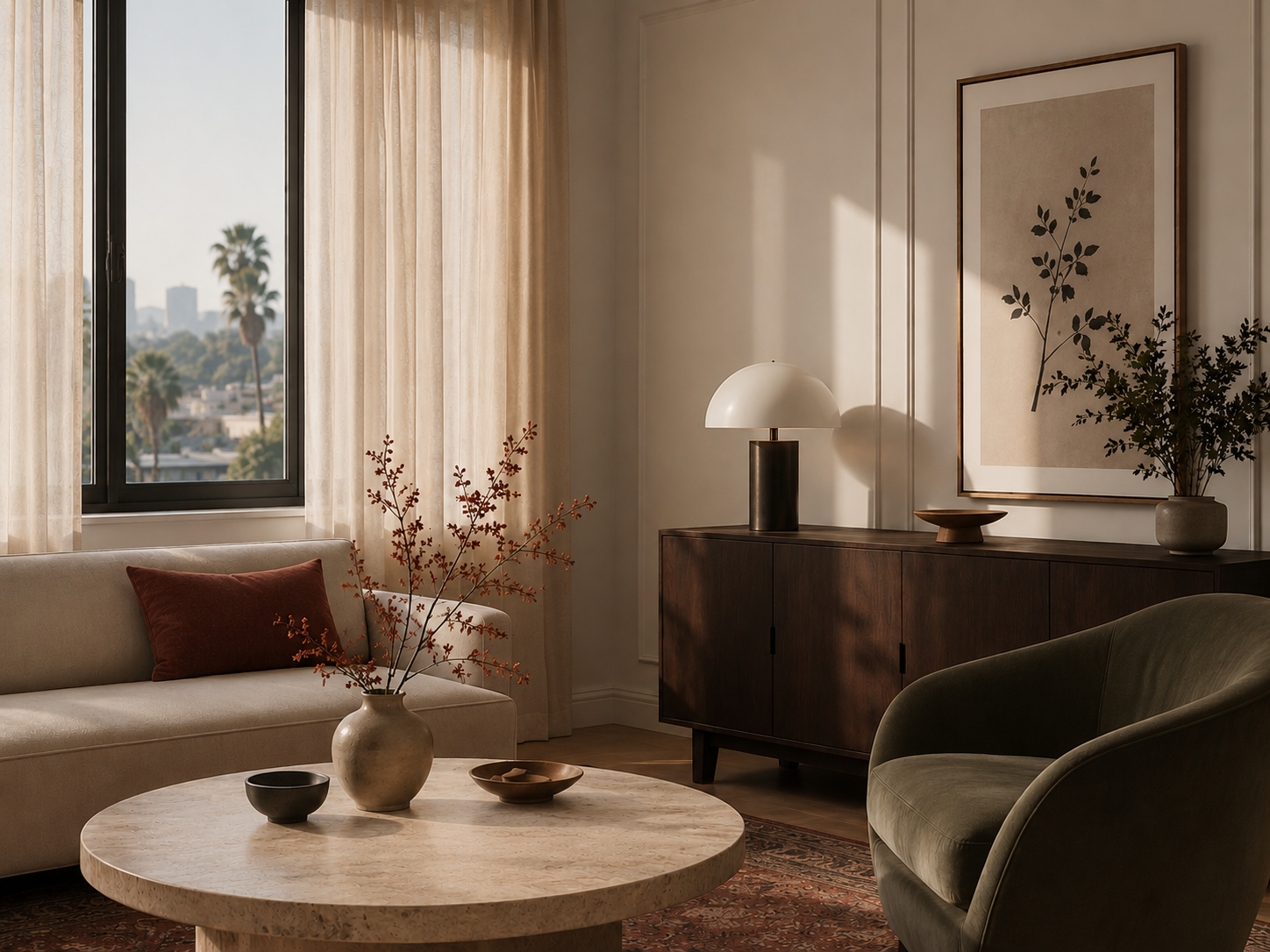 Warm trauma therapy office in Los Angeles with earthy tones and natural light at Brick by Brick Therapy.