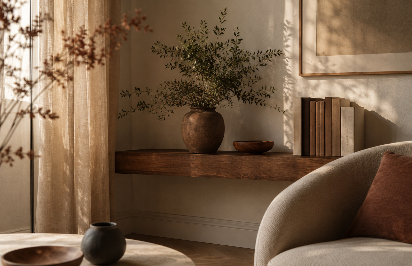 Editorial-style EMDR therapy office in Los Angeles, California with calming neutral textures and soft lighting.