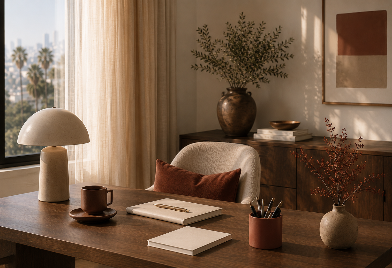 Modern therapy office in Los Angeles with soft editorial styling and warm neutral palette.