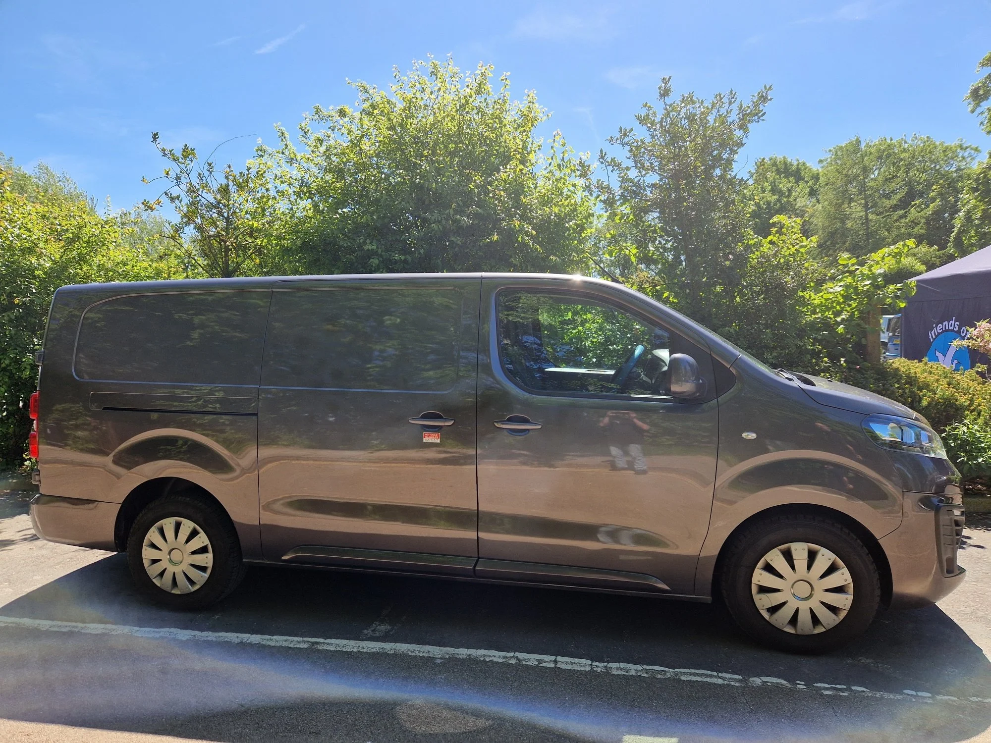 Gray van parked in a parking lot, with trees and blue sky in the background on a sunny day.
