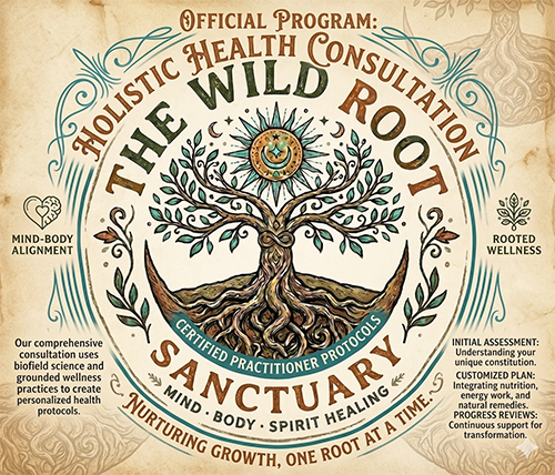 Design for The Wild Root Sanctuary program featuring a tree with roots, moon phases, and a sun with a star, with text about holistic health, wellness, and healing protocols.
