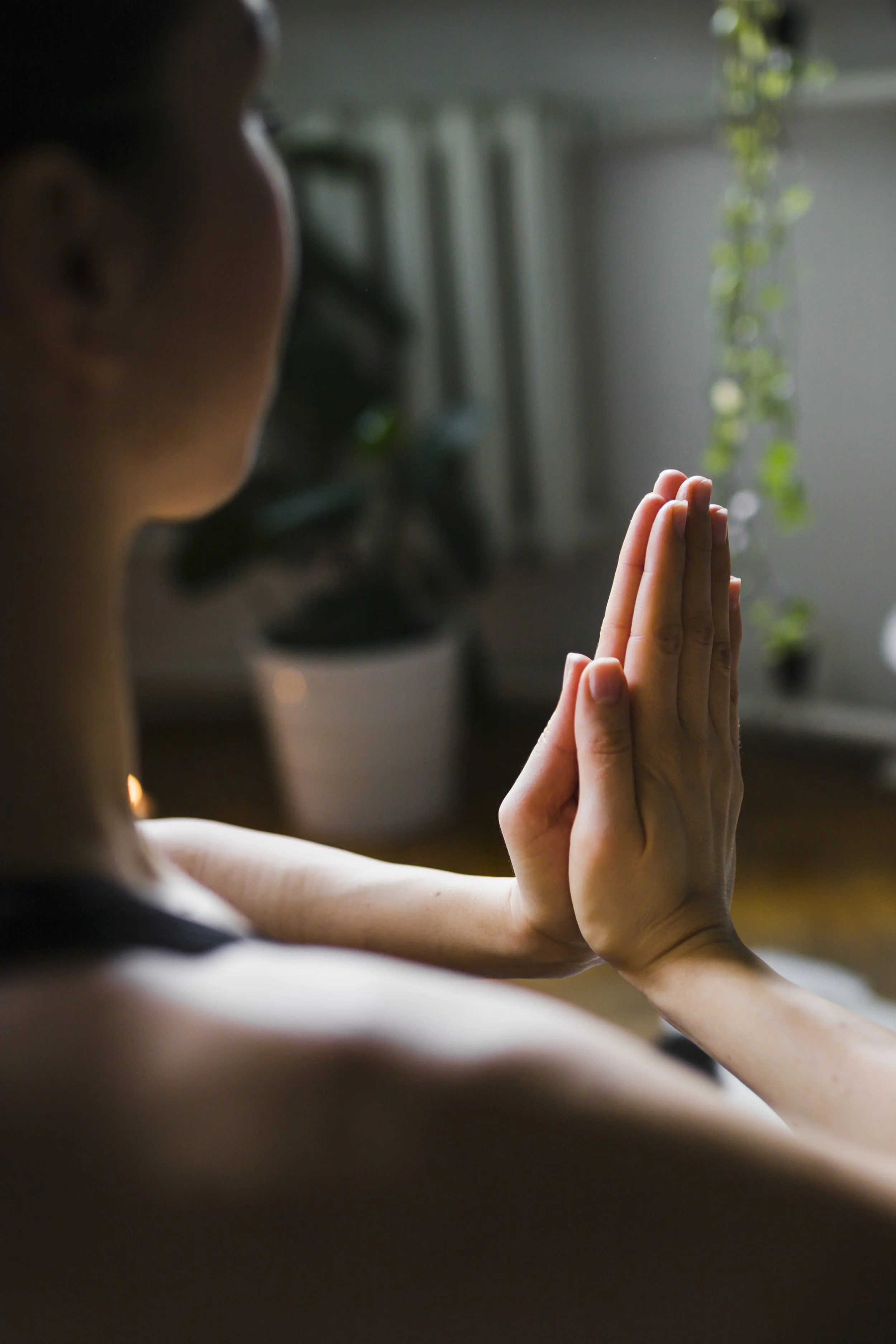 A person with closed eyes practicing reiki with hands pressed together in a prayer position, in a softly lit room with plants in the background.