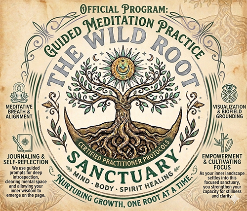 Official program for guided meditation practice called The Wild Root Sanctuary, emphasizing mind, body, and spirit healing, certified practitioner protocols, and nurturing growth at the root. Features a tree with roots and a sun symbol at the top, and has sections on meditation breath, visualization, journaling, empowerment, and growth.